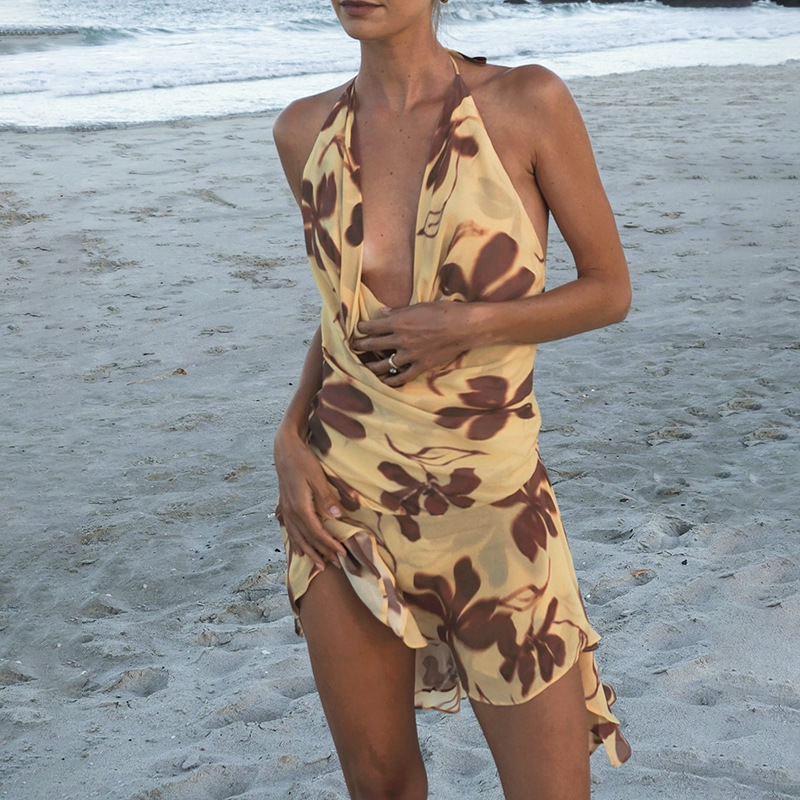 Halter Square Neck Backless Printed Mini Dress