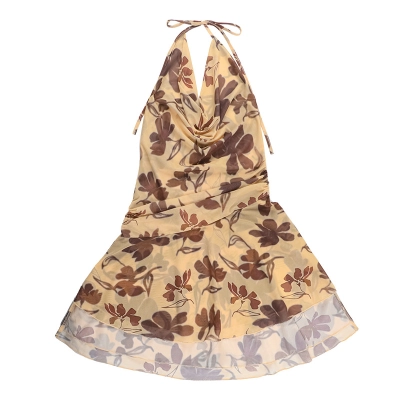 Halter Square Neck Backless Printed Mini Dress 01