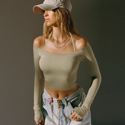 Off-Shoulder Halter Long Sleeve Crop Top 02