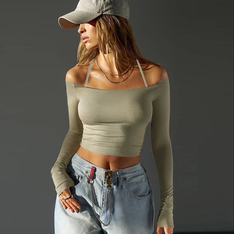 Off-Shoulder Halter Long Sleeve Crop Top