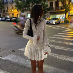 2025 Fall Winter New Women's Lace Overlay Long Sleeve Dress