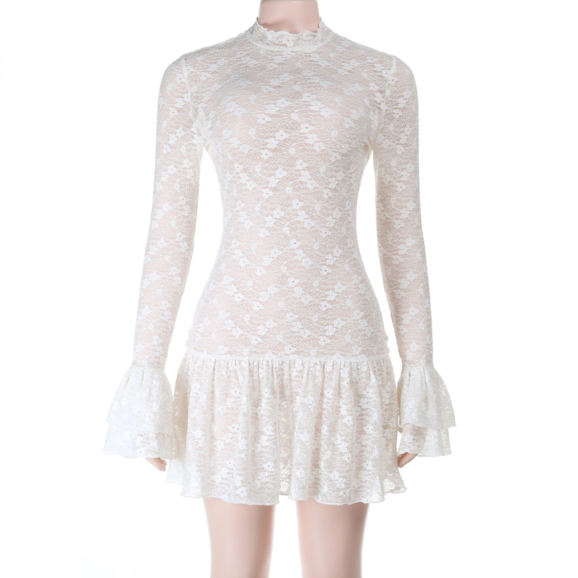 2025 Fall Winter New Women's Lace Overlay Long Sleeve Dress