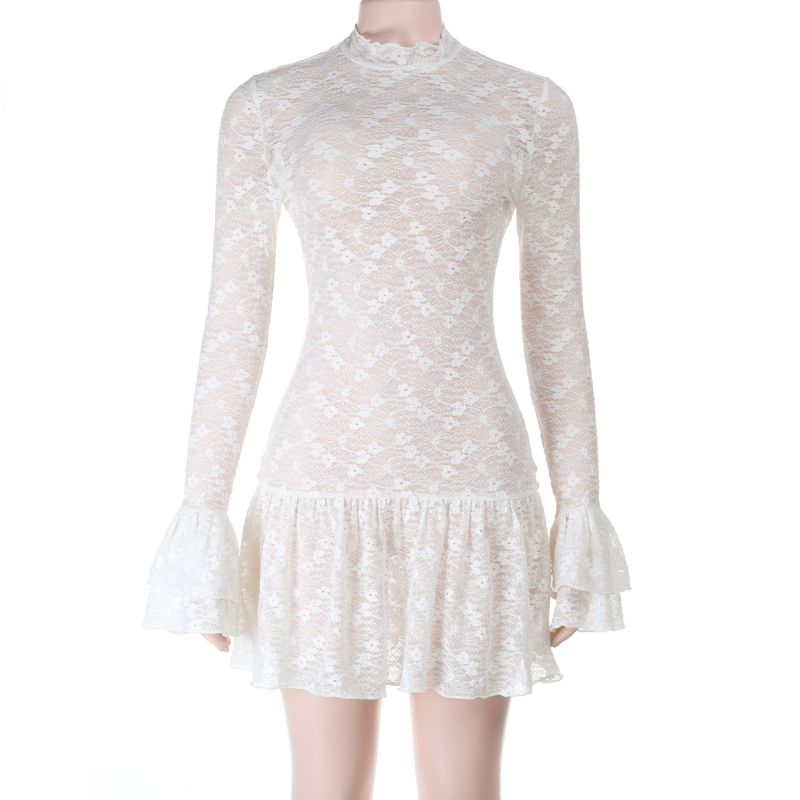 2025 Fall Winter New Women's Lace Overlay Long Sleeve Dress