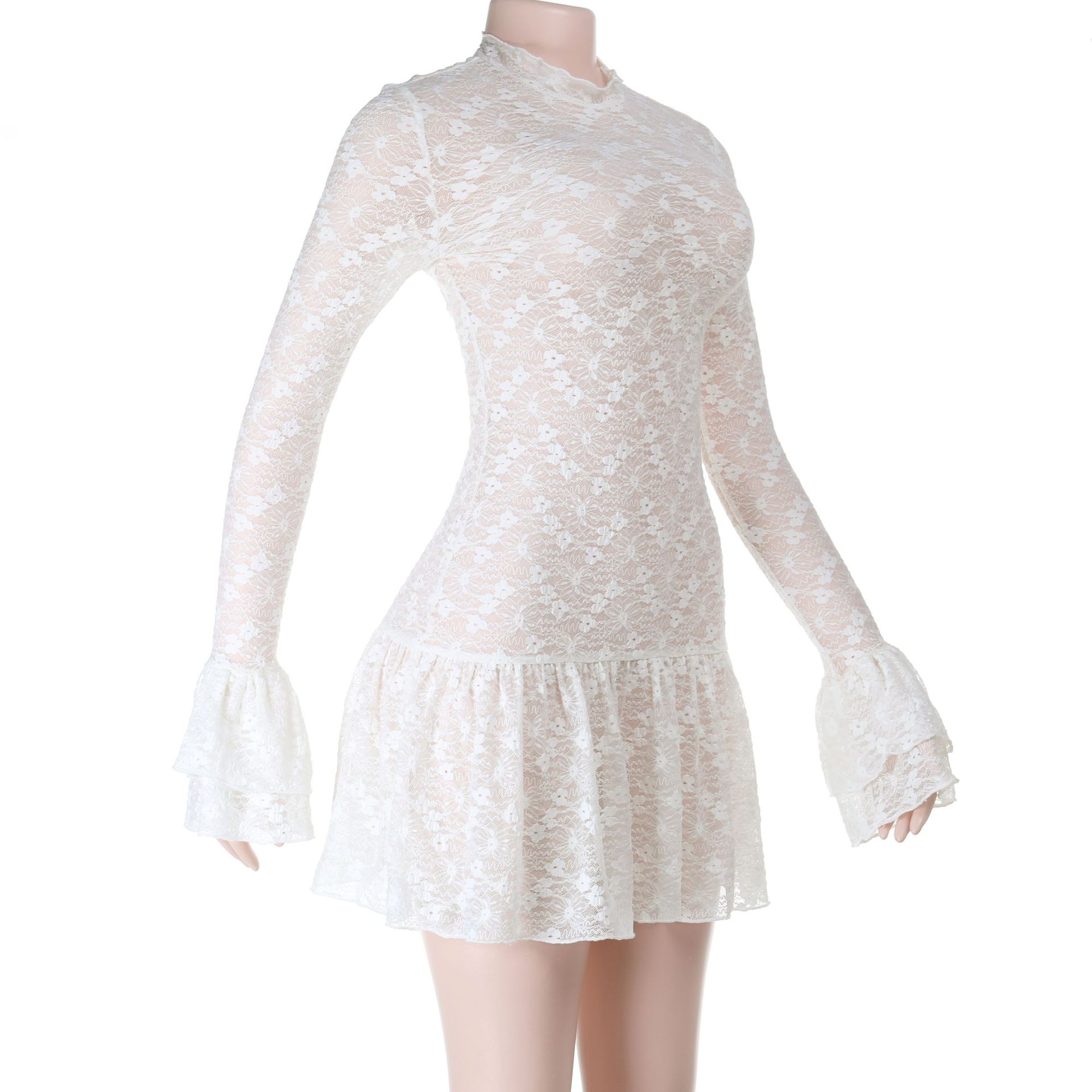 2025 Fall Winter New Women's Lace Overlay Long Sleeve Dress