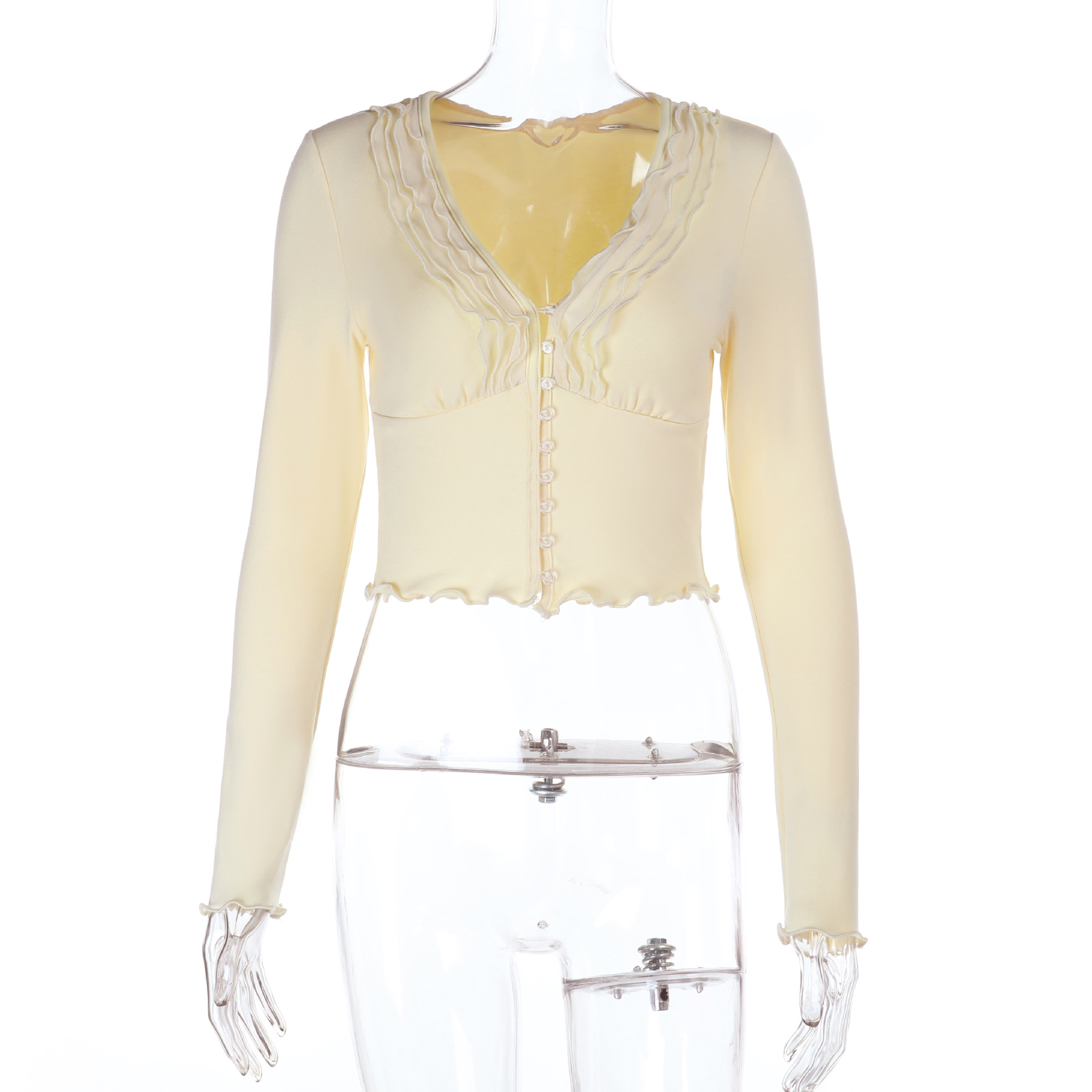  Deep V-Neck Ruched Long Sleeve Top 