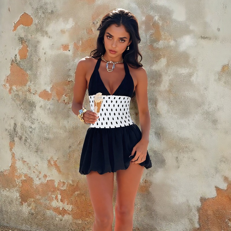 Polka Dot A-Line Dress with Deep V Neck