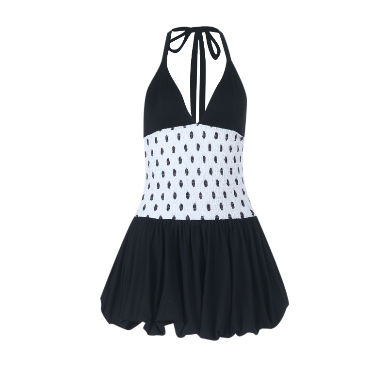 Polka Dot A-Line Dress with Deep V Neck