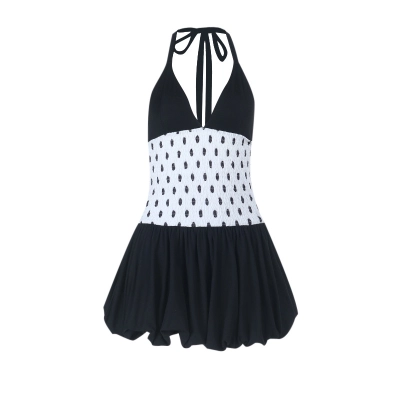 Polka Dot A-Line Dress with Deep V Neck 01