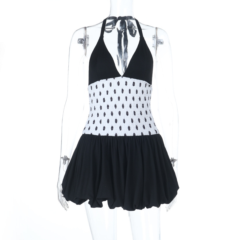 Polka Dot A-Line Dress with Deep V Neck