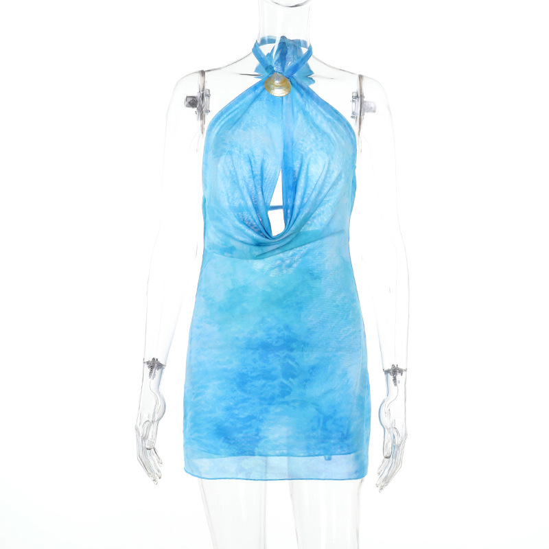  Floral Print Halter Neck Backless Dress