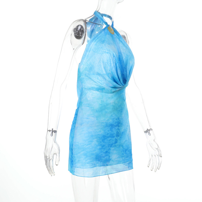  Floral Print Halter Neck Backless Dress