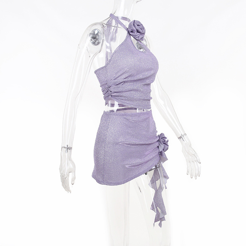 2025 New Women's 3D Floral Appliqué Top with Ruffled Skirt Set 