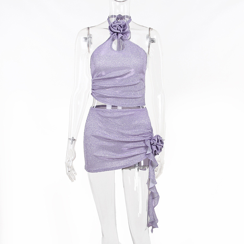 2025 New Women's 3D Floral Appliqué Top with Ruffled Skirt Set 