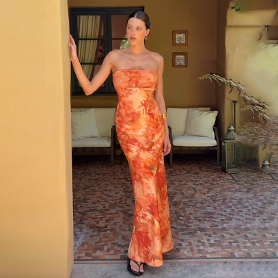 Floral Print Strapless A-Line Dress with Cinched Waist 02