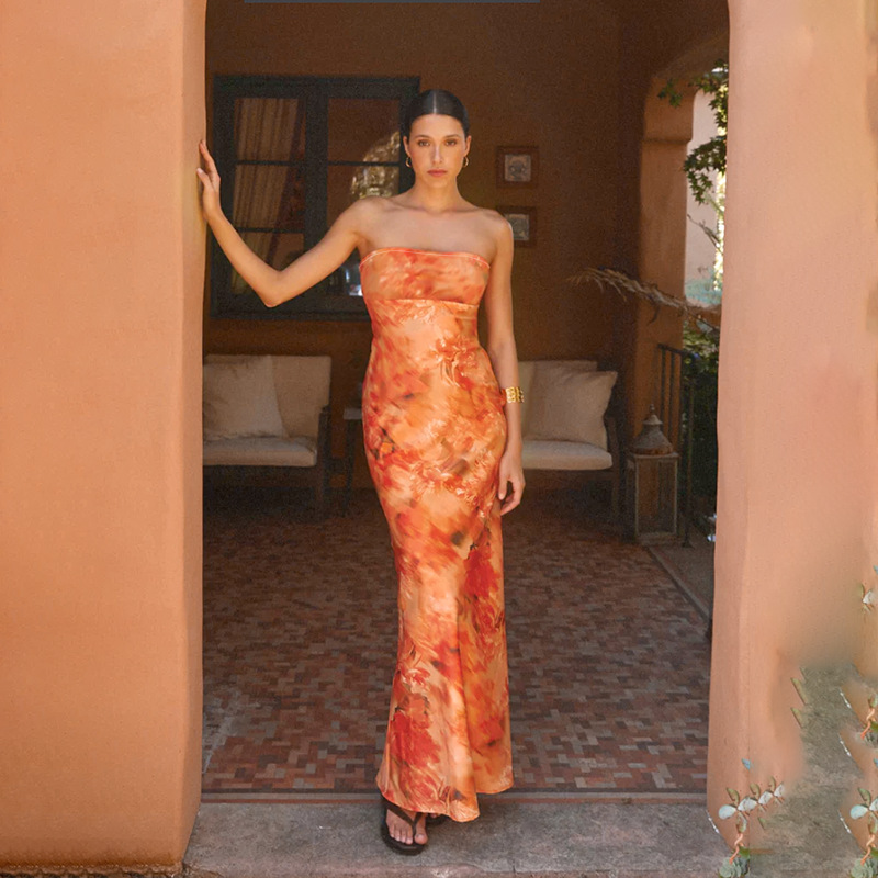Floral Print Strapless A-Line Dress with Cinched Waist
