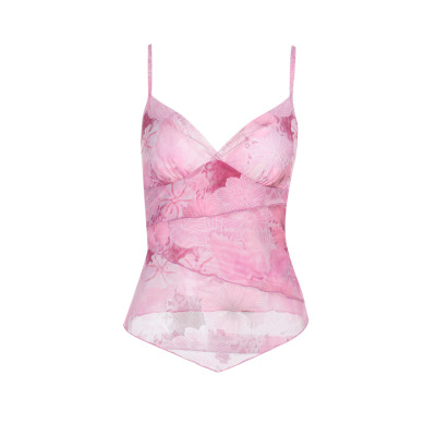 Floral Print Spaghetti Strap Top with Ruffled Cinched Waist 01