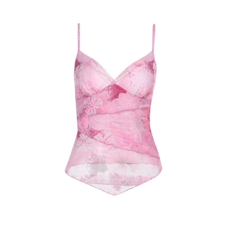 Floral Print Spaghetti Strap Top with Ruffled Cinched Waist