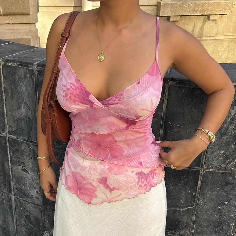 Floral Print Spaghetti Strap Top with Ruffled Cinched Waist