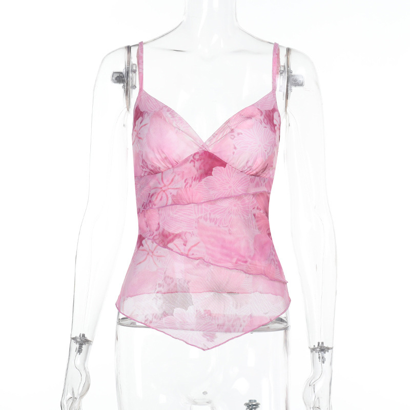 Floral Print Spaghetti Strap Top with Ruffled Cinched Waist