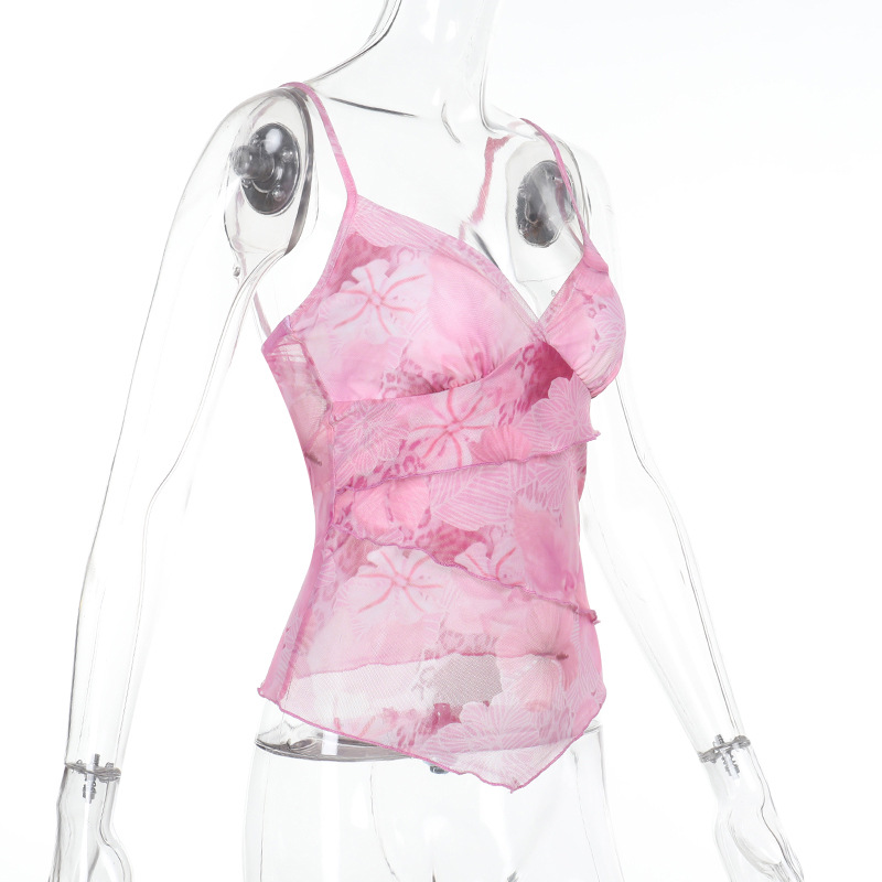 Floral Print Spaghetti Strap Top with Ruffled Cinched Waist