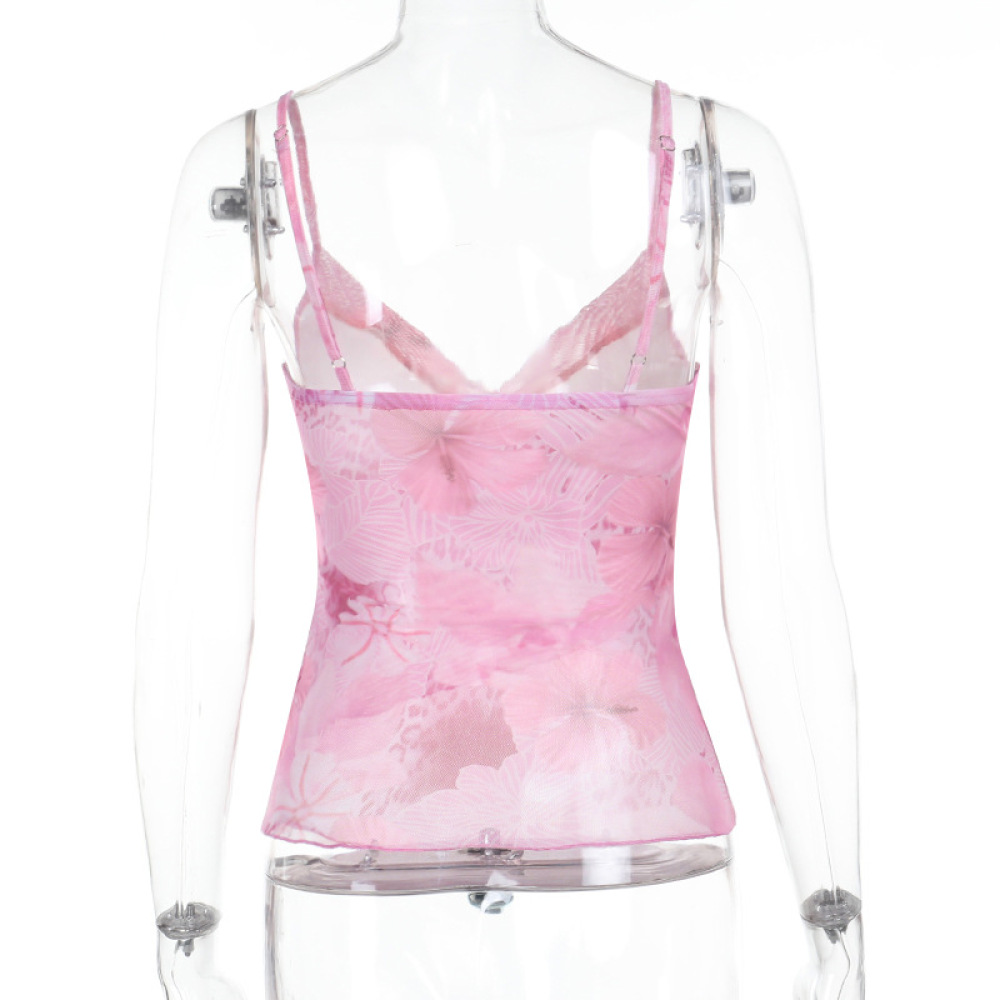 Floral Print Spaghetti Strap Top with Ruffled Cinched Waist