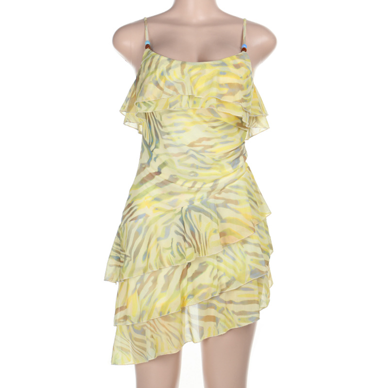  Floral Print Spaghetti Strap Dress with Ruffled Tiered Skirt