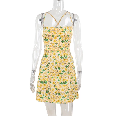 French-Inspired Floral Print Spaghetti Strap Dress with Open Back 01