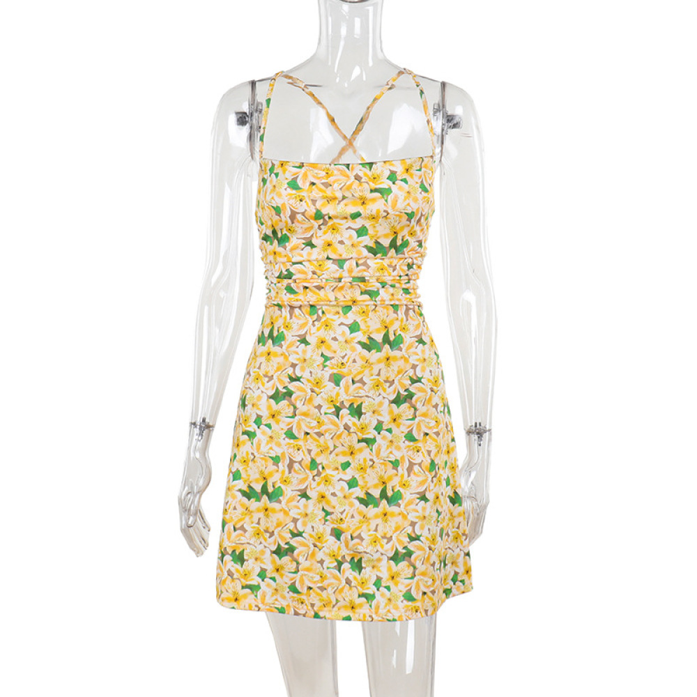 French-Inspired Floral Print Spaghetti Strap Dress with Open Back