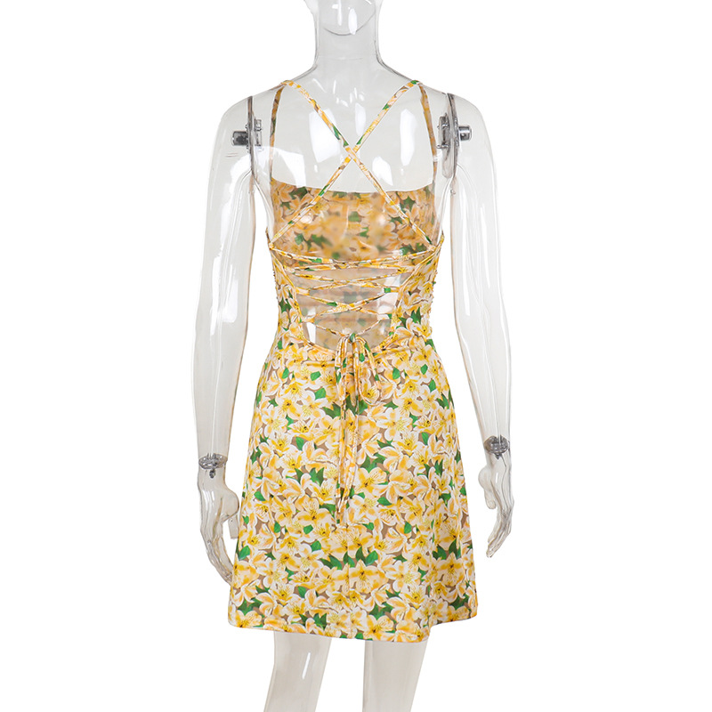 French-Inspired Floral Print Spaghetti Strap Dress with Open Back