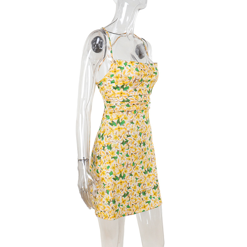 French-Inspired Floral Print Spaghetti Strap Dress with Open Back