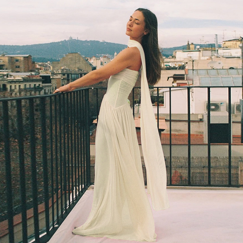 Strapless Maxi Dress with Flowing Sash & Cinched Waist