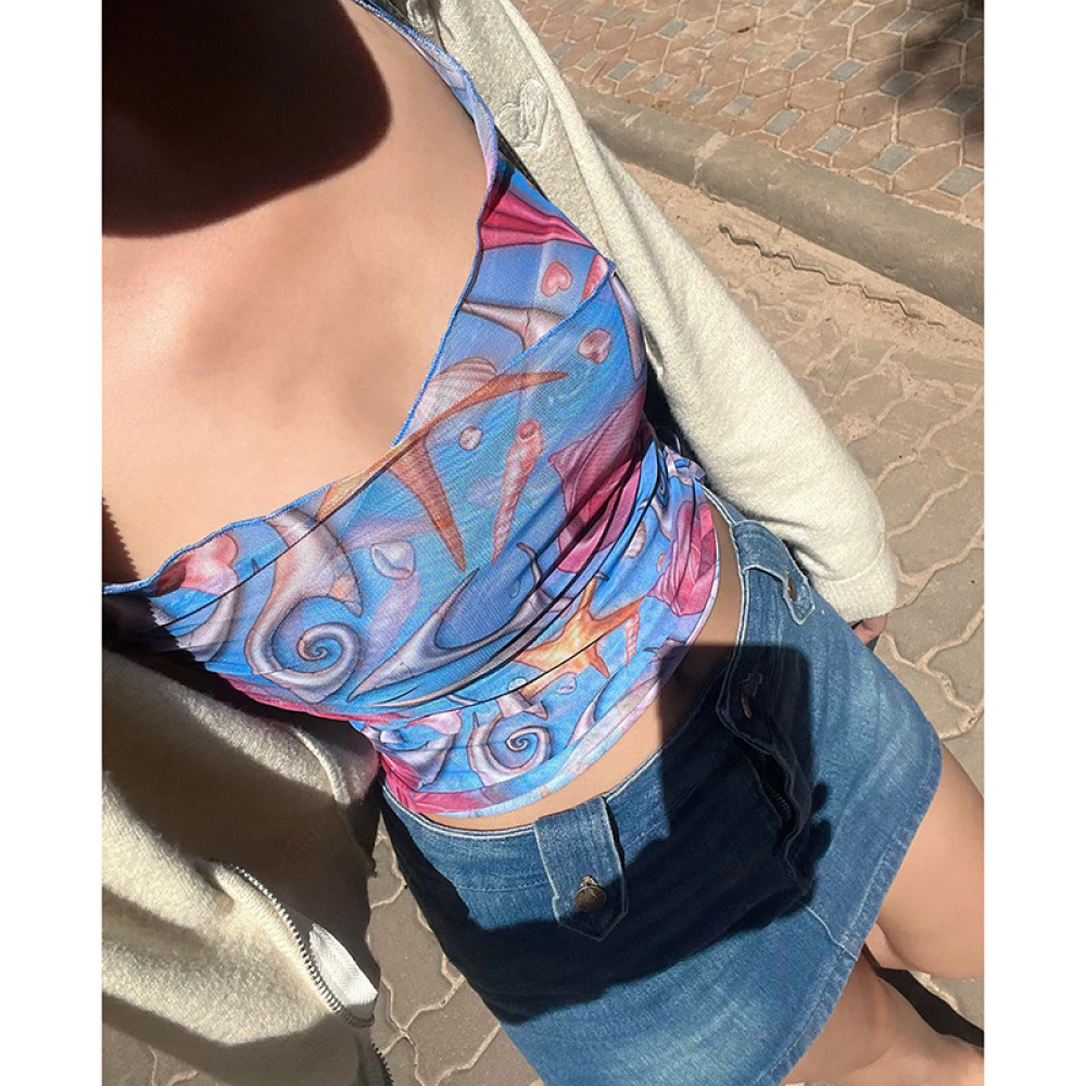 Sheer Mesh Floral Print Spaghetti Strap Top