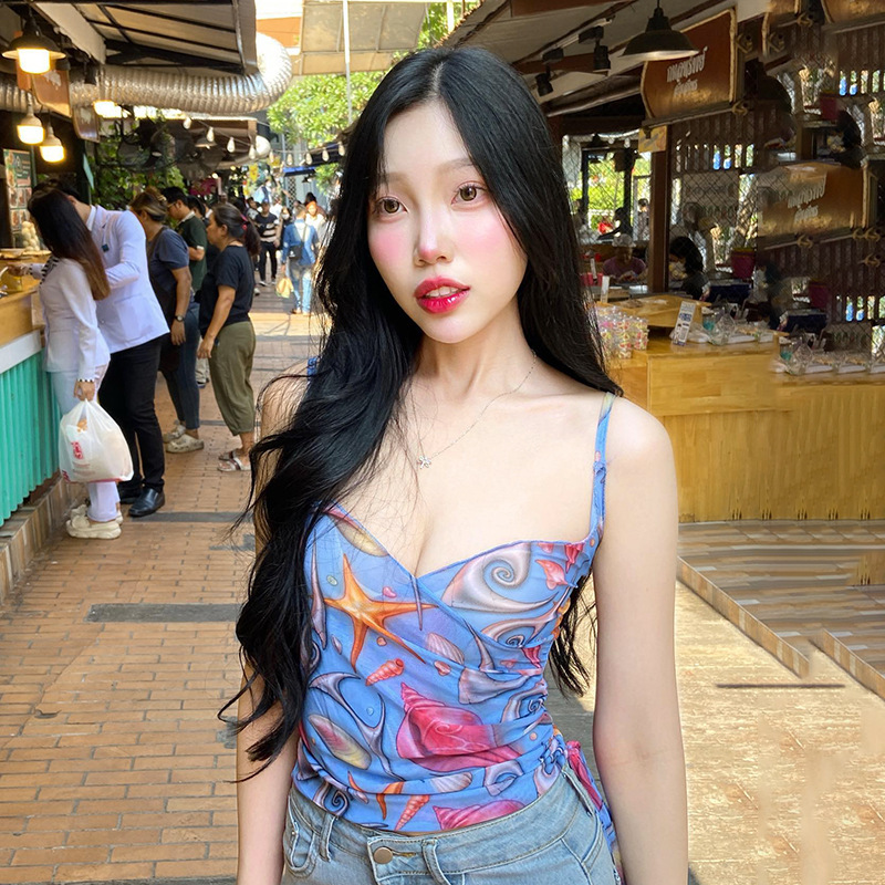 Sheer Mesh Floral Print Spaghetti Strap Top