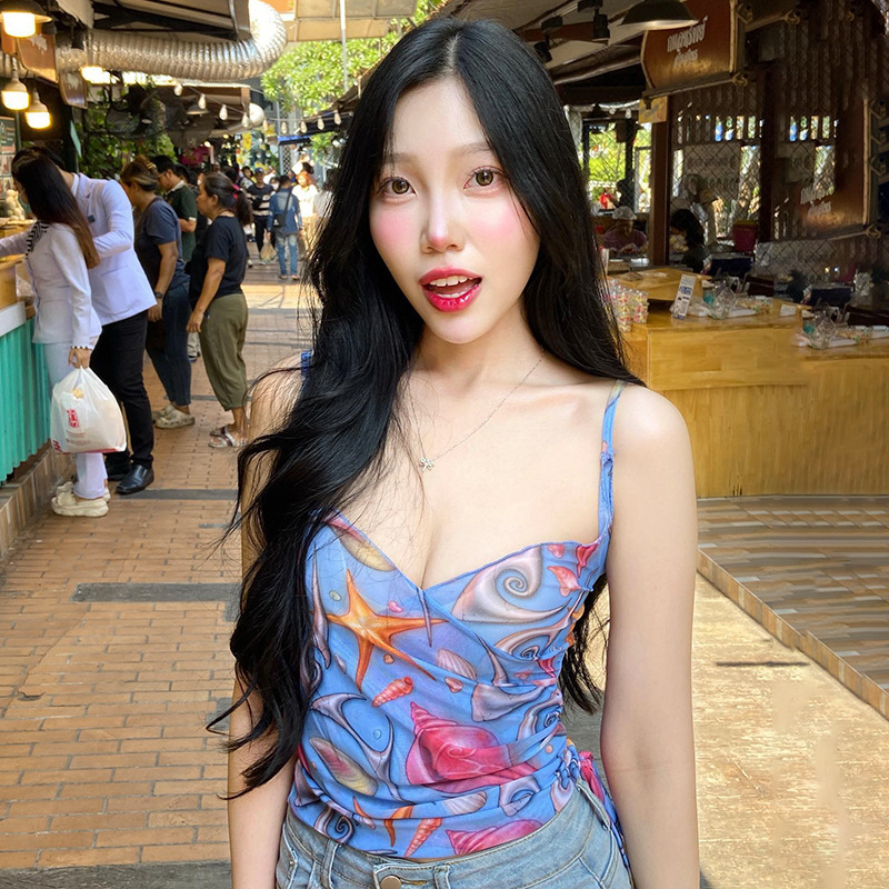 Sheer Mesh Floral Print Spaghetti Strap Top