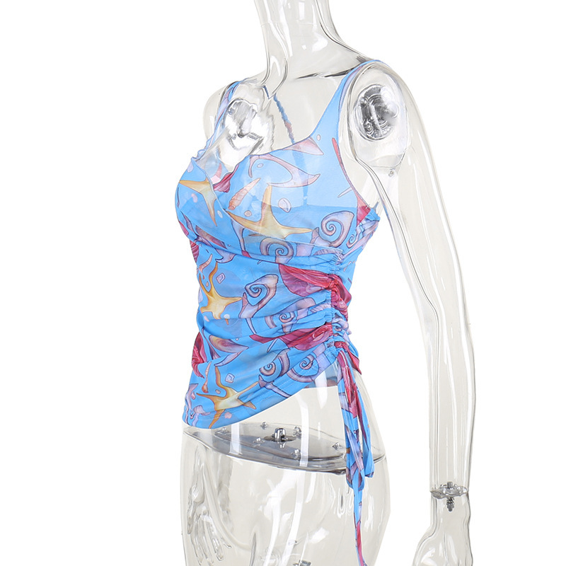 Sheer Mesh Floral Print Spaghetti Strap Top