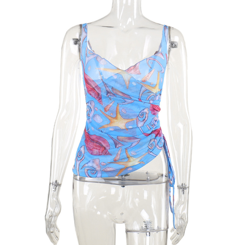 Sheer Mesh Floral Print Spaghetti Strap Top