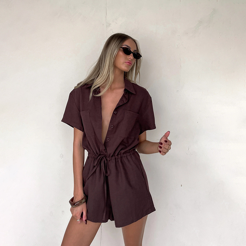 Collared Solid Color Short-Sleeve Romper with Cinched Waist