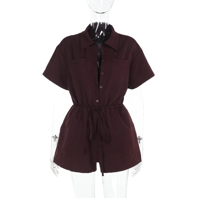 Collared Solid Color Short-Sleeve Romper with Cinched Waist 01