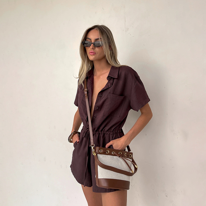 Collared Solid Color Short-Sleeve Romper with Cinched Waist