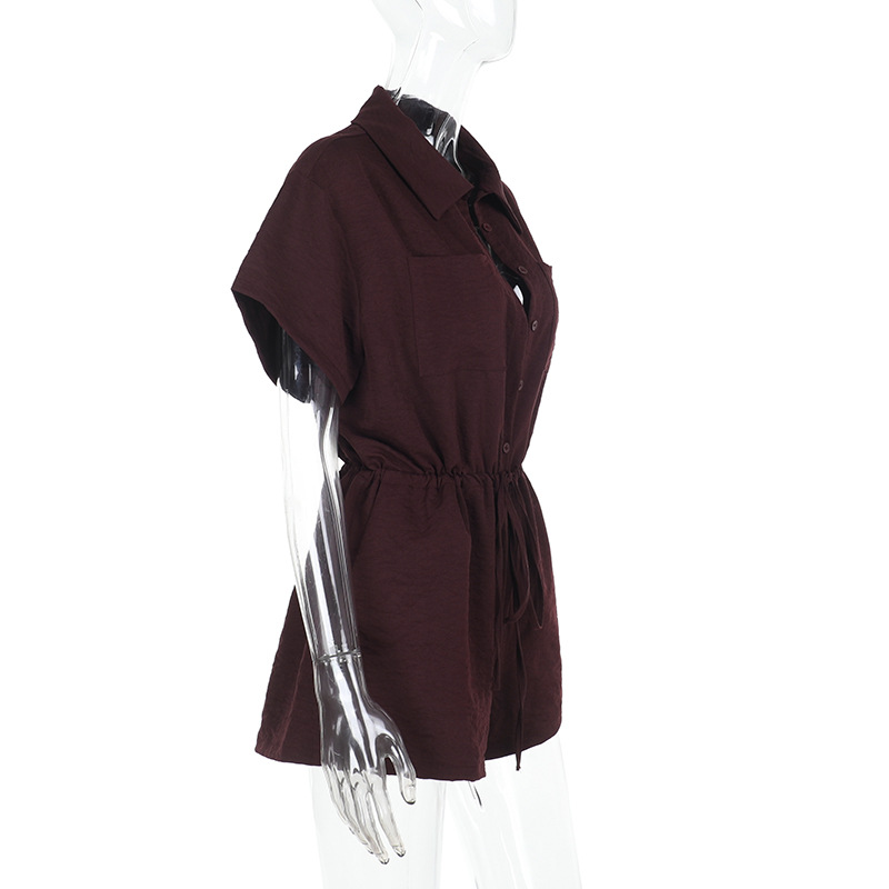 Collared Solid Color Short-Sleeve Romper with Cinched Waist