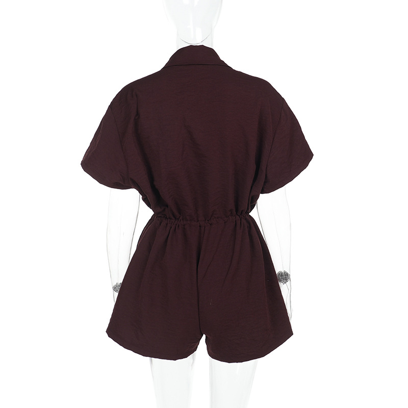 Collared Solid Color Short-Sleeve Romper with Cinched Waist