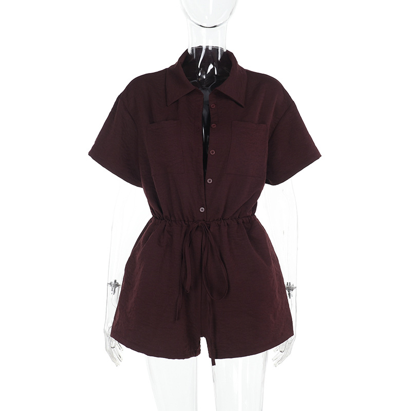 Collared Solid Color Short-Sleeve Romper with Cinched Waist