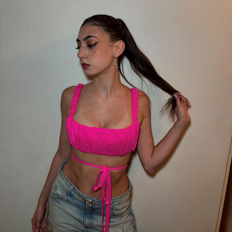  Square Neck Ruched Strap Top with Cut-Out Detail & Tie Straps