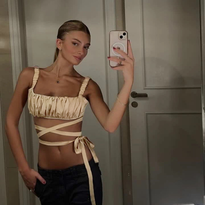  Square Neck Ruched Strap Top with Cut-Out Detail & Tie Straps