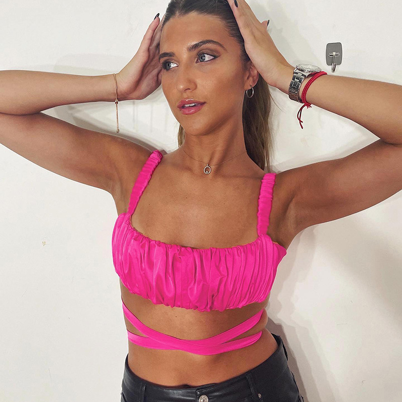  Square Neck Ruched Strap Top with Cut-Out Detail & Tie Straps