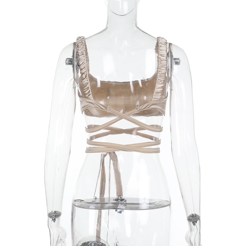  Square Neck Ruched Strap Top with Cut-Out Detail & Tie Straps