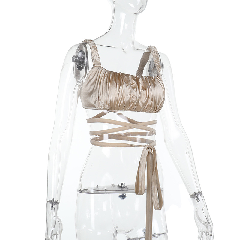  Square Neck Ruched Strap Top with Cut-Out Detail & Tie Straps