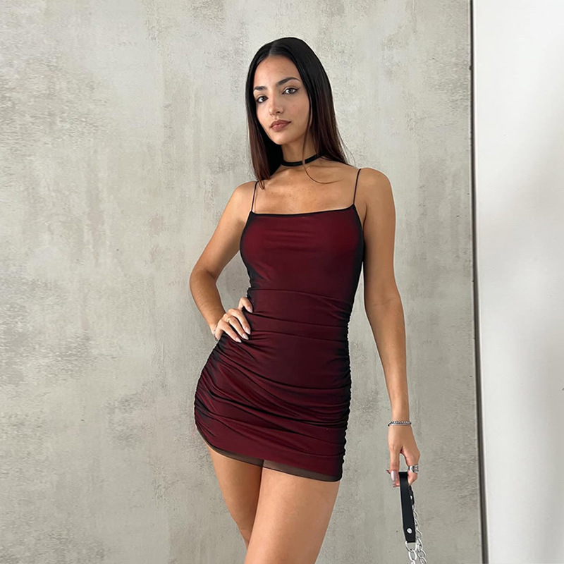 Spaghetti Strap Dress with Sheer Mesh Panel & Bodycon Fit