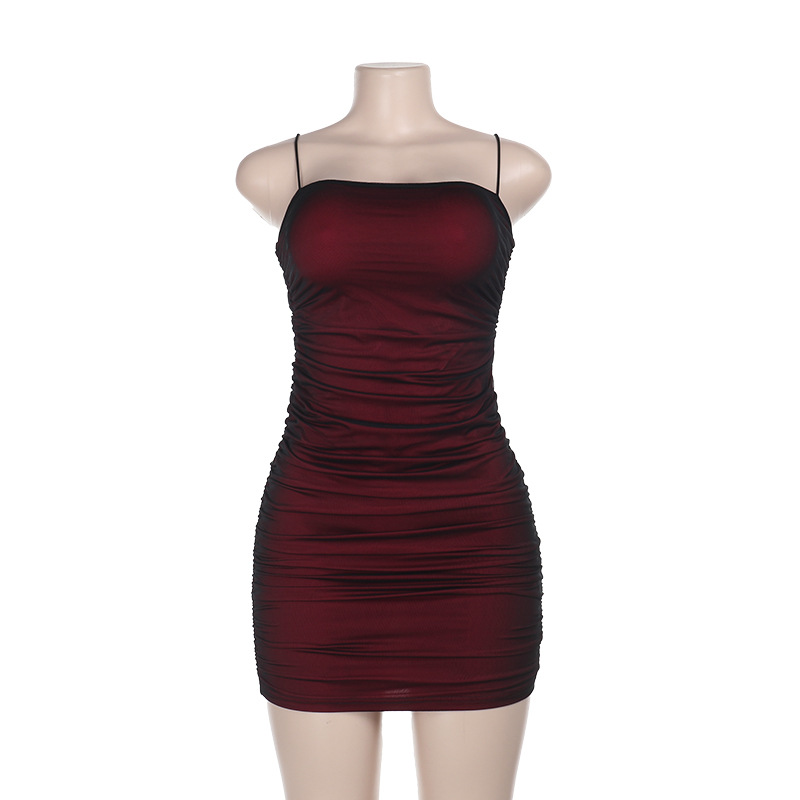 Spaghetti Strap Dress with Sheer Mesh Panel & Bodycon Fit