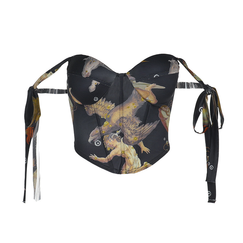 Vintage Oil Painting Print Spaghetti Strap Top with Cinched Waist Tie